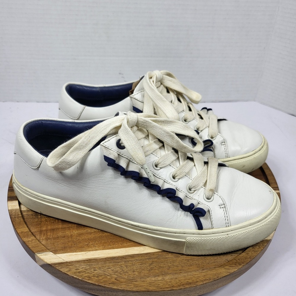 Tory Sport Ruffle Sneakers Womens 7.5 White Navy Good Leather Low Top 6098
